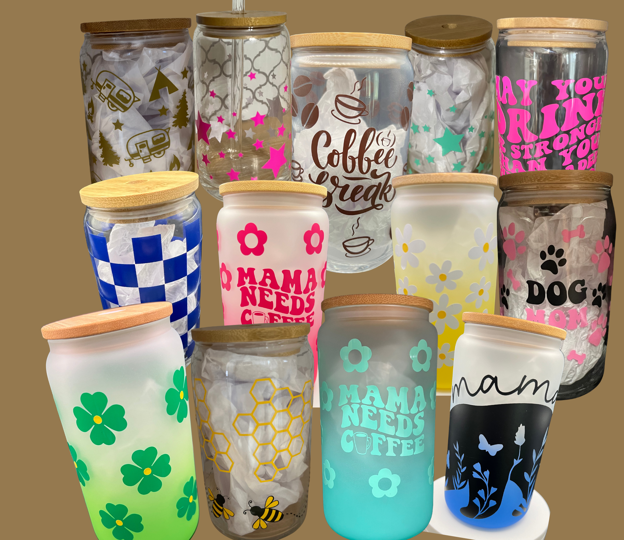 Glass Tumblers with Bamboo Lids & Straws | 16oz Cups