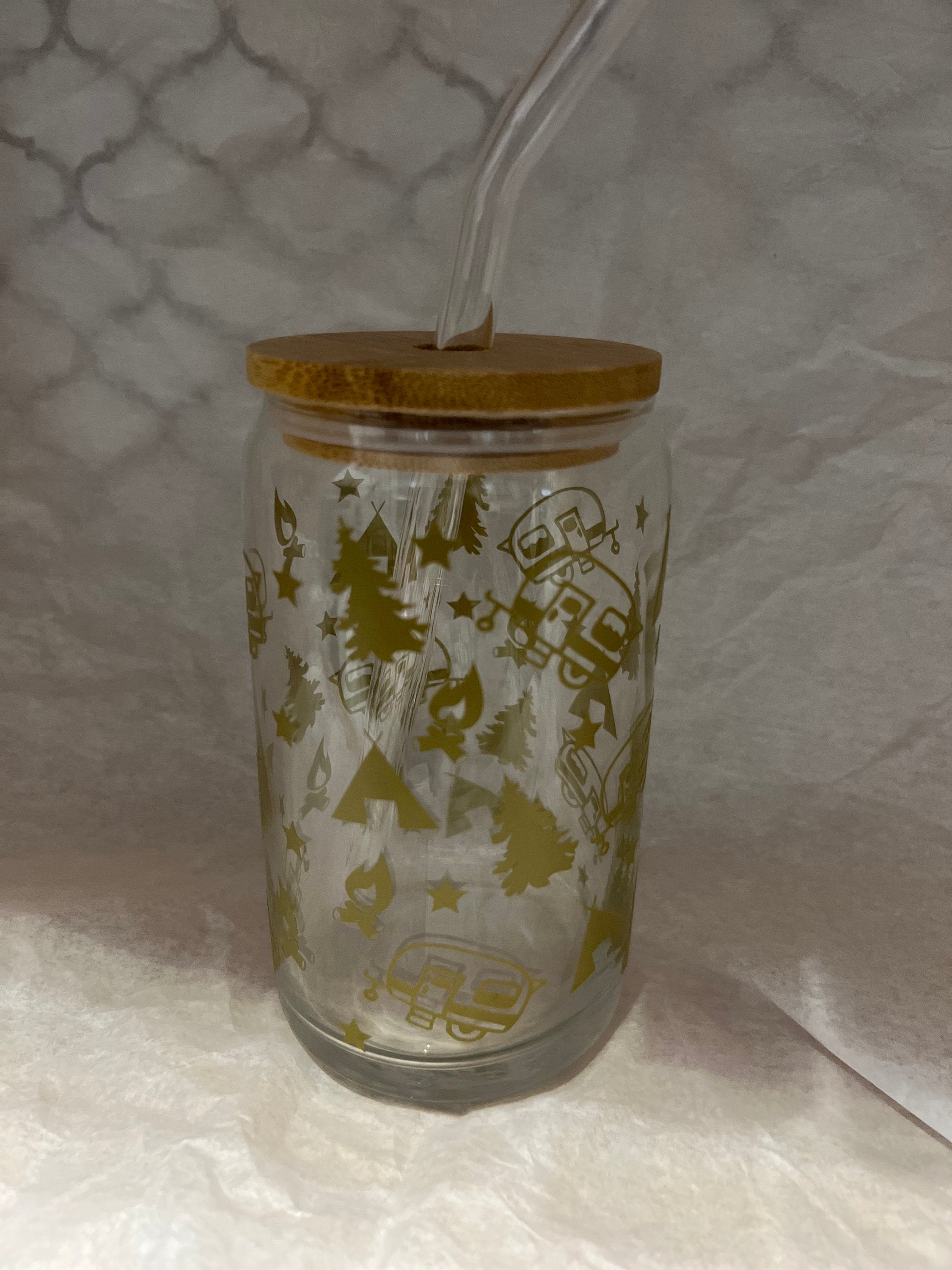16oz Camping Glass Soda Can Cup with Bamboo Lid & Straw – Star Design Iced Coffee Cup