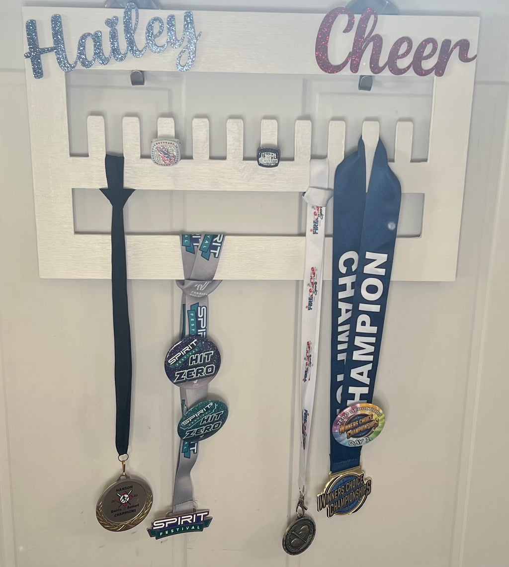 Custom Cheerleading Ring & Medal Holder – 18x11 Wood Display
