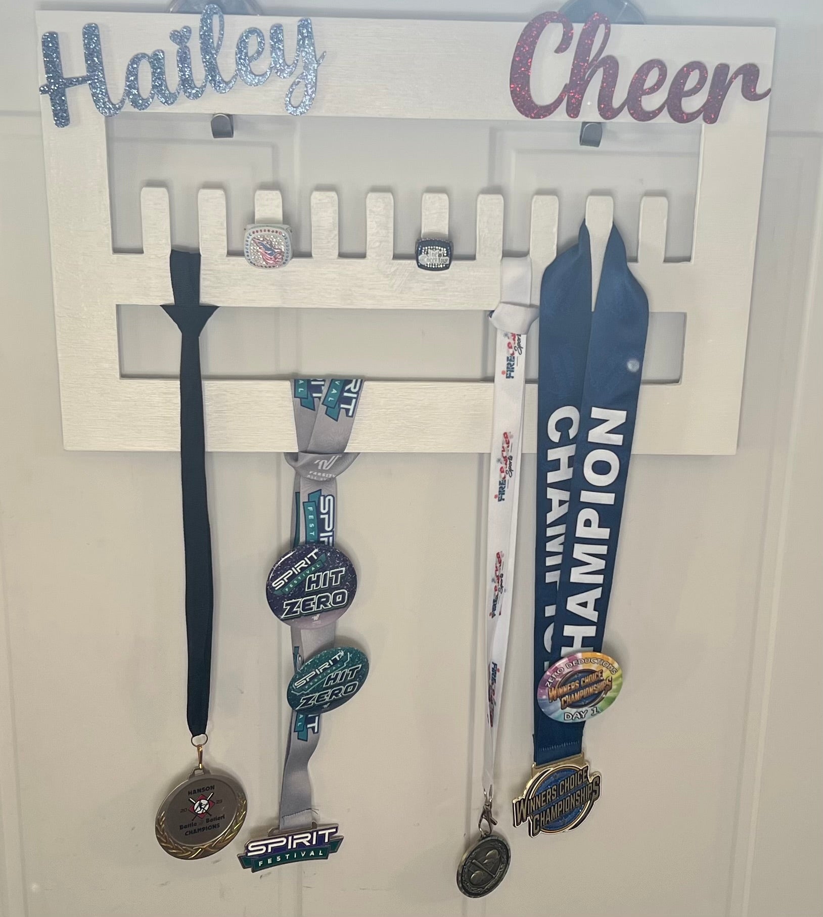 Custom Cheerleading Ring & Medal Holder – 18x11 Wood Display