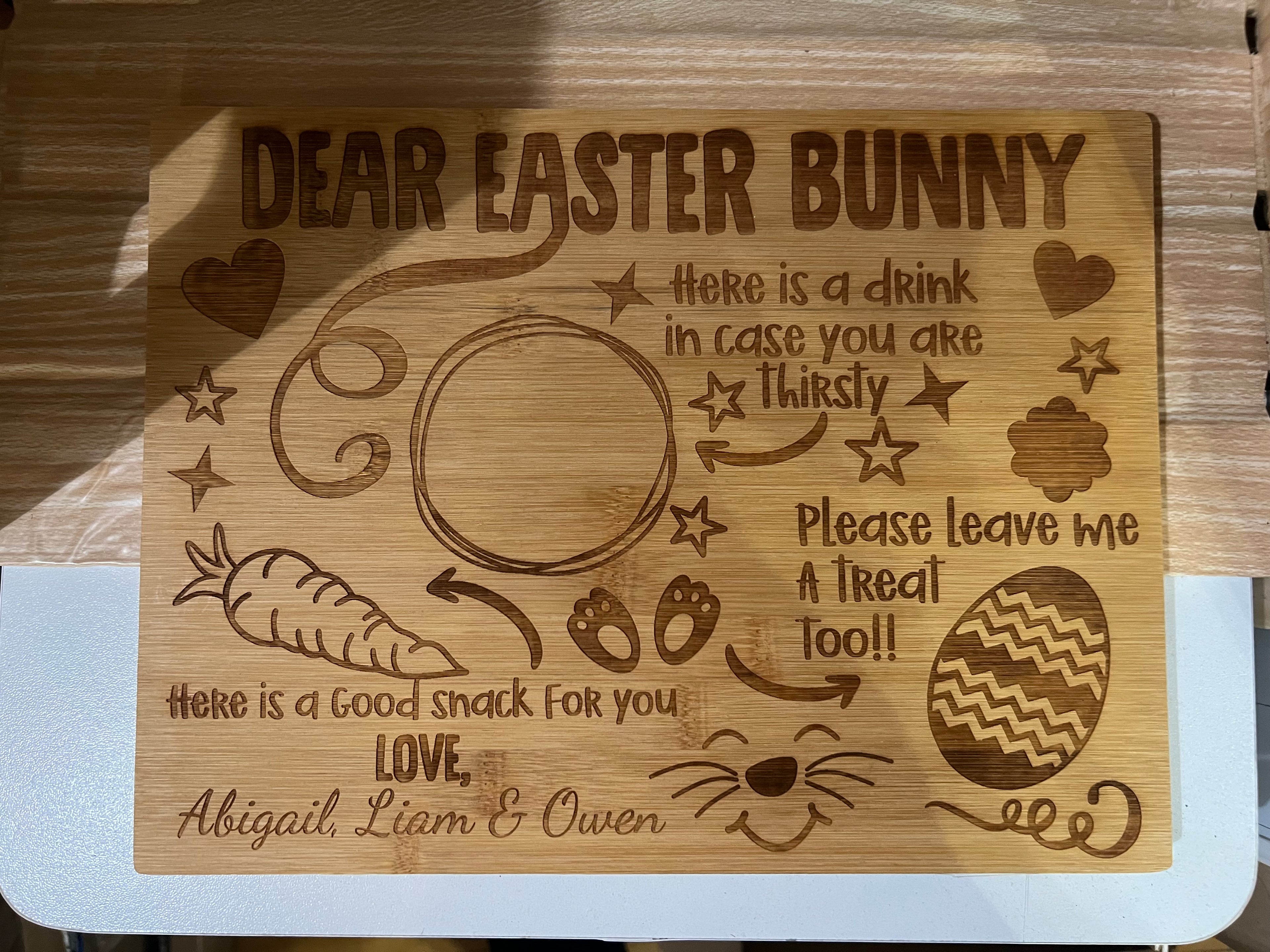 Personalized Easter Bunny Cutting Board – Engraved Bamboo Carrot & Drink Tray