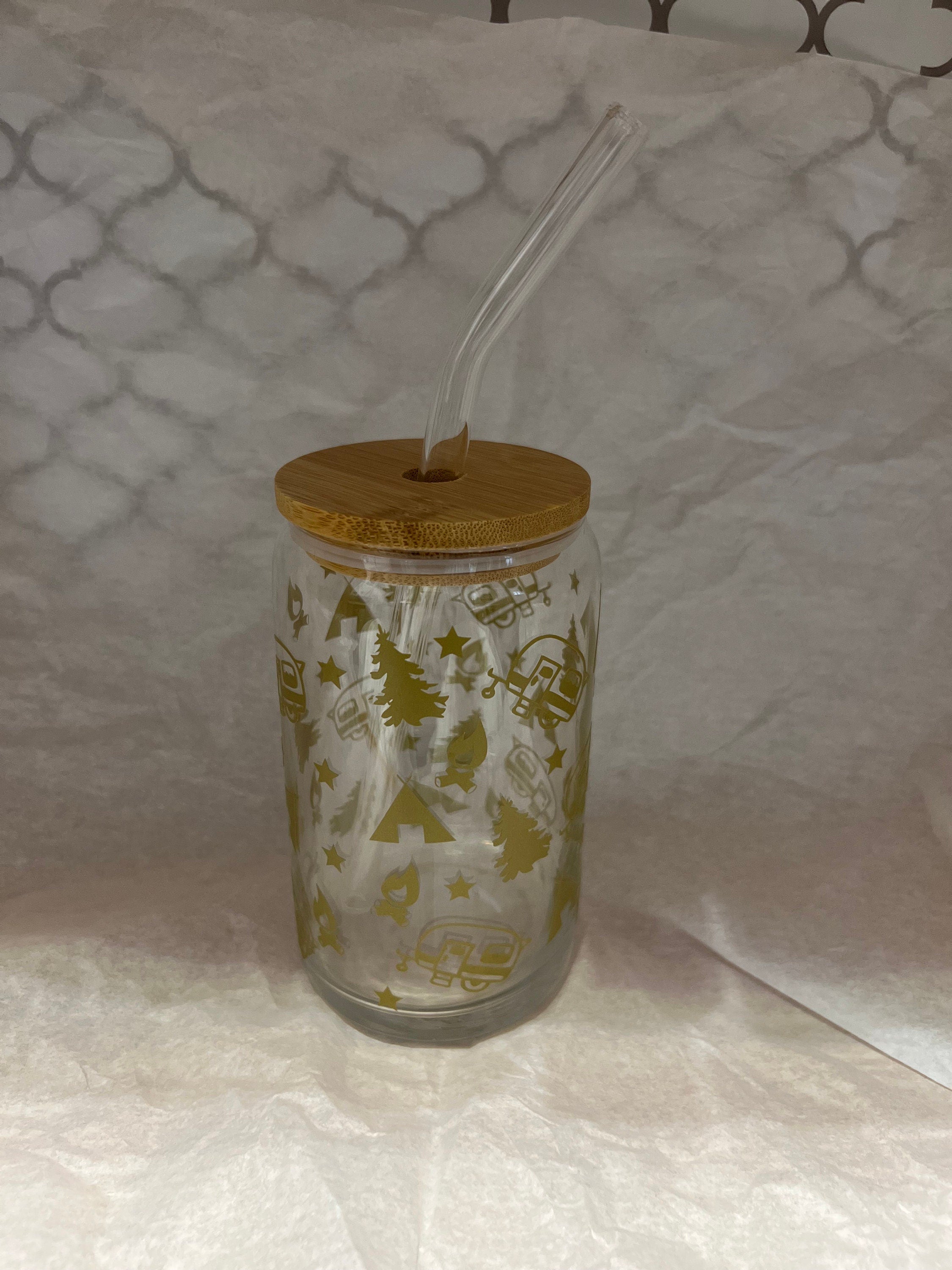 16oz Camping Glass Soda Can Cup with Bamboo Lid & Straw – Star Design Iced Coffee Cup