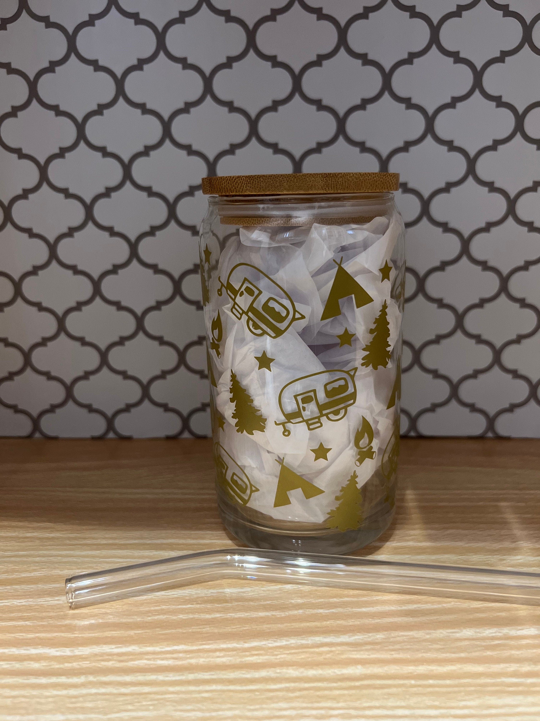 16oz Camping Glass Soda Can Cup with Bamboo Lid & Straw – Star Design Iced Coffee Cup