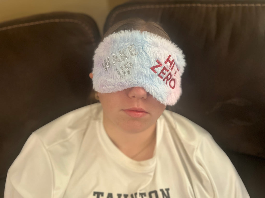 Fuzzy Rainbow Cheer Sleep Mask – Wake Up & Hit Zero | Dreaming of Zero Deductions