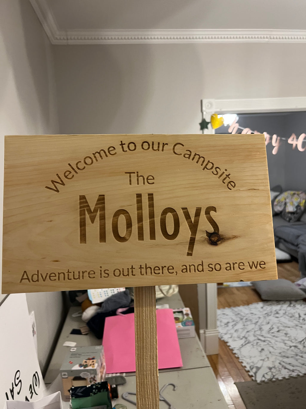 Engraved Wooden Camping Sign with Ground Stake | Welcome to Our Campsite Outdoor Décor
