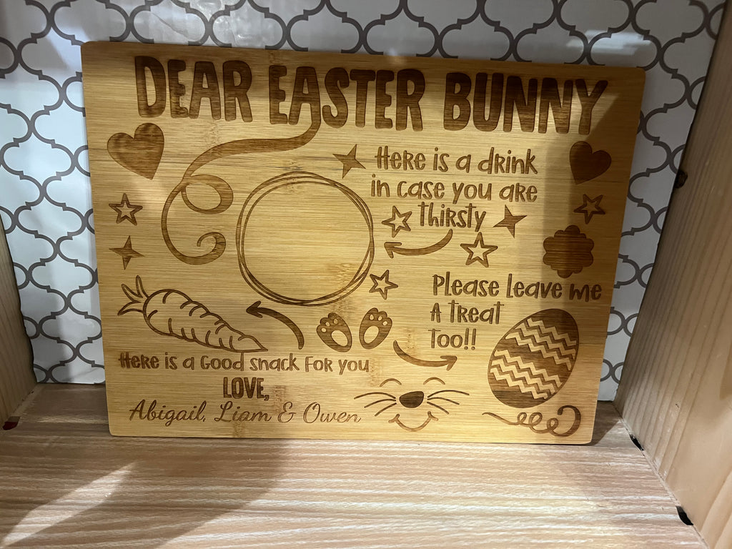 Personalized Easter Bunny Cutting Board – Engraved Bamboo Carrot & Drink Tray
