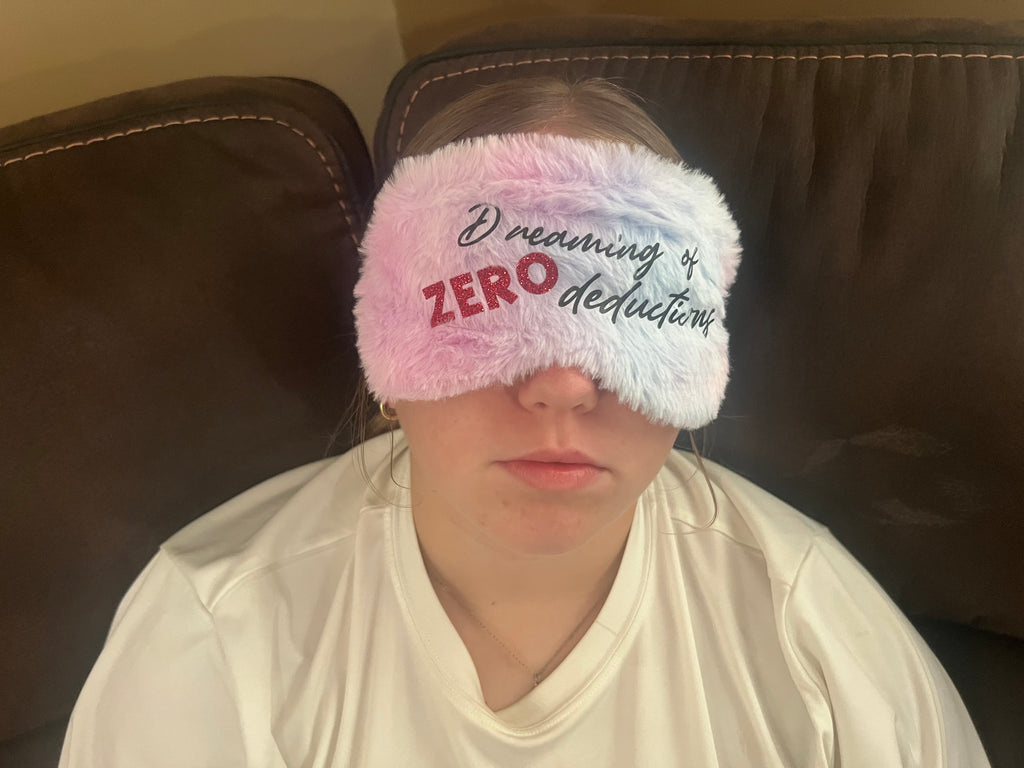 Fuzzy Rainbow Cheer Sleep Mask – Wake Up & Hit Zero | Dreaming of Zero Deductions