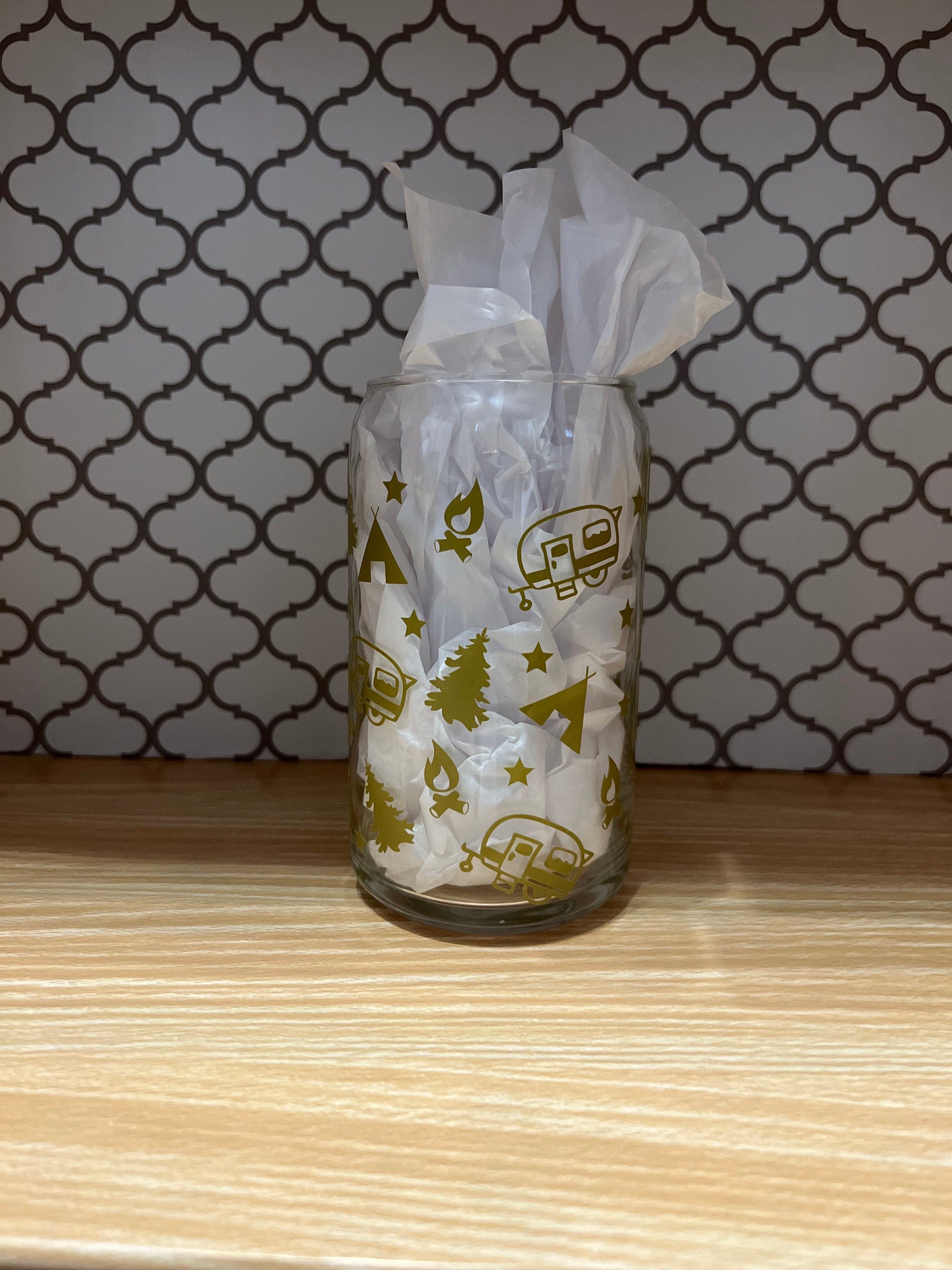 16oz Camping Glass Soda Can Cup with Bamboo Lid & Straw – Star Design Iced Coffee Cup