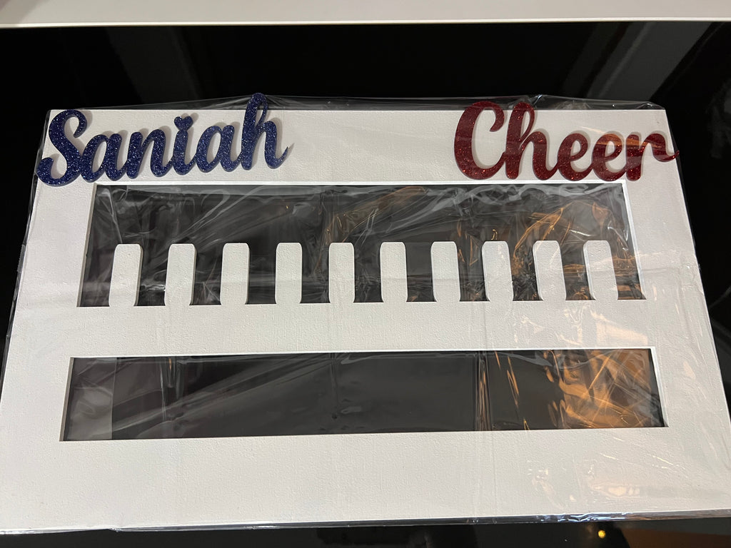 Custom Cheerleading Ring & Medal Holder – 18x11 Wood Display