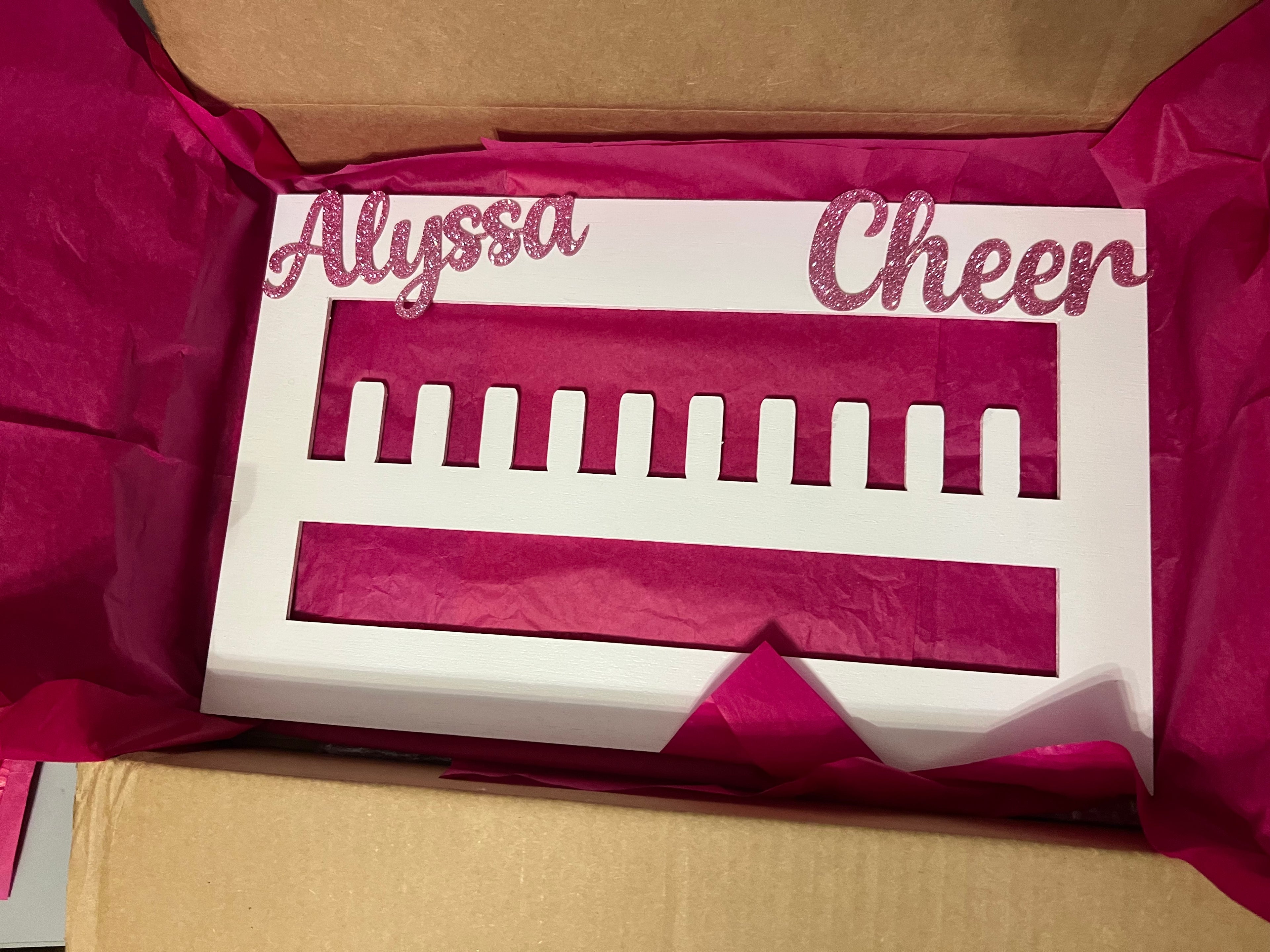 Custom Cheerleading Ring & Medal Holder – 18x11 Wood Display