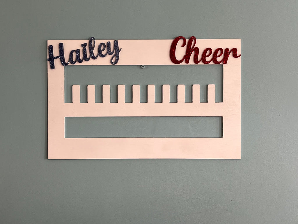 Custom Cheerleading Ring & Medal Holder – 18x11 Wood Display