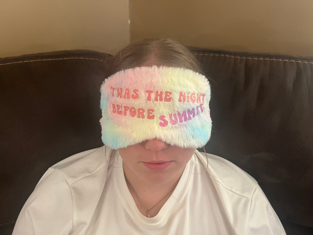 Fuzzy Rainbow Cheer Sleep Mask – Wake Up & Hit Zero | Dreaming of Zero Deductions